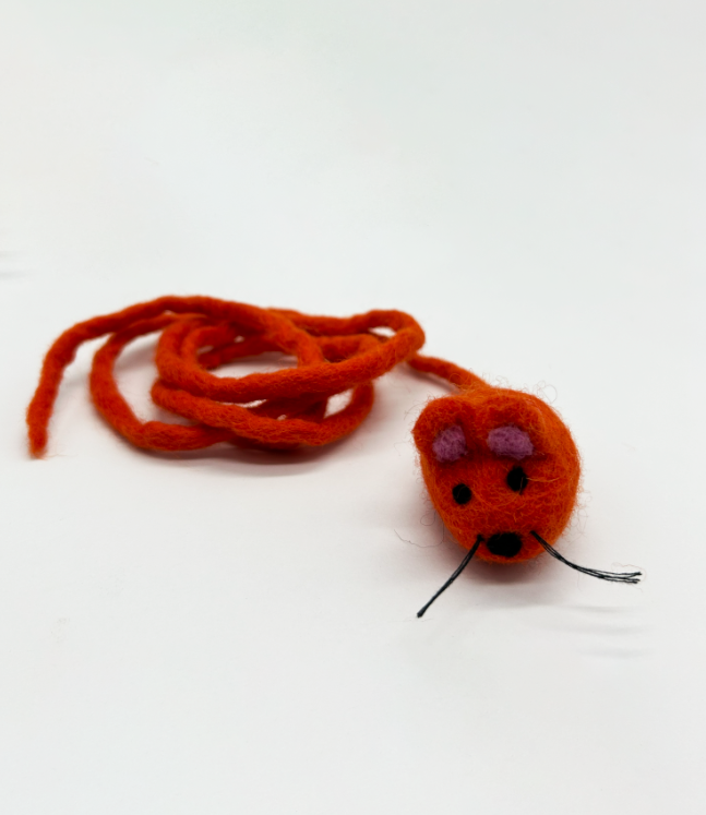 Vibrant Orange Felted Wool Mouse Cat Toy with Interactive Tail